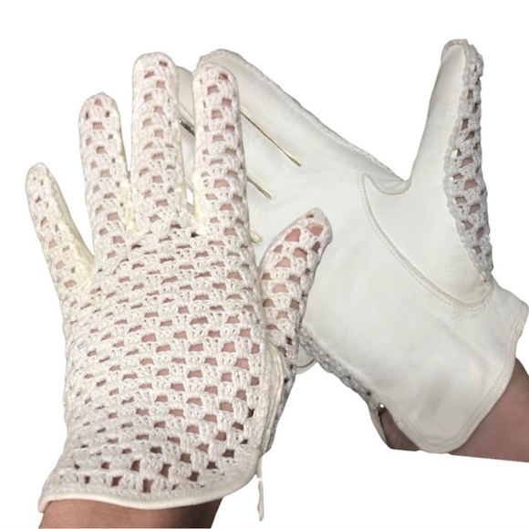 50s 60s Grandoe Leather & Crochet Cream Cottagecore Gloves Made Italy - Picture 15 of 15